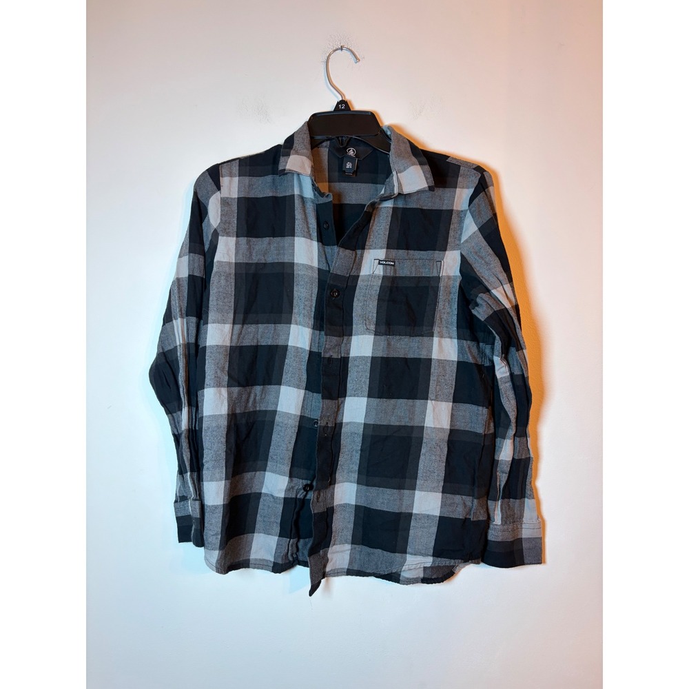 Volcom Flannel Shirt Kids Large Black Grey Plaid Long Sleeve Button Down